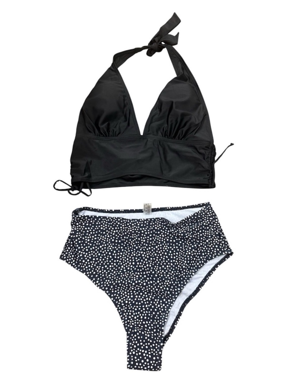High-Waist Black Halter Bikini Set with Polka Dot Bottoms